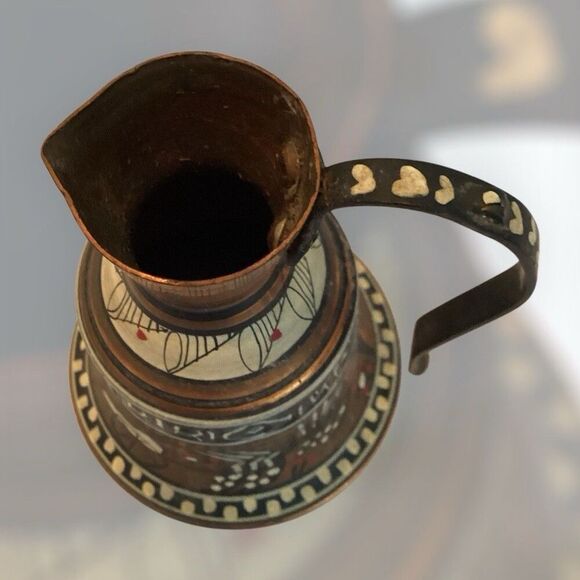 Vintage Handmade Greek Copper Geometric Motif Pitcher Decor - Picture 3 of 5